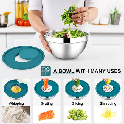 E-far Stainless Steel Mixing Bowls with Lids Set, 5-Piece Nesting Salad Bowls with 3 Grater Attachments and Non-Slip Bottoms, Size 4.6, 2.6, 2, 1.5, 1QT for Kitchen (Khaki)