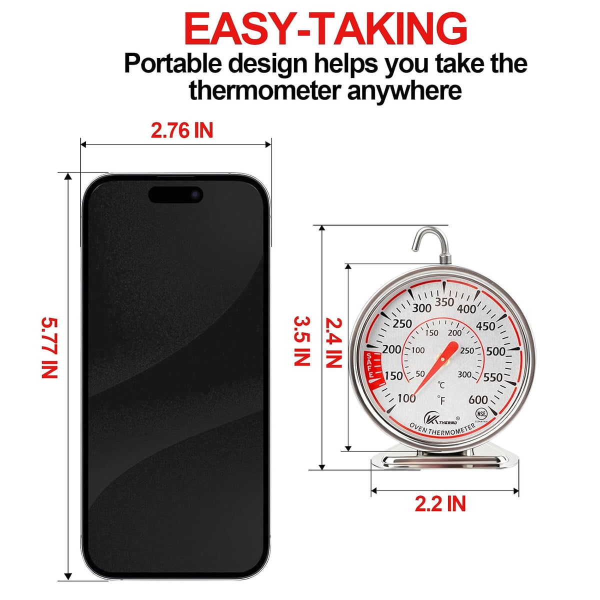 Oven Thermometer 2.75-Inch Dual Scale, 50-300°C/100-600°F, NSF 2‑Pack