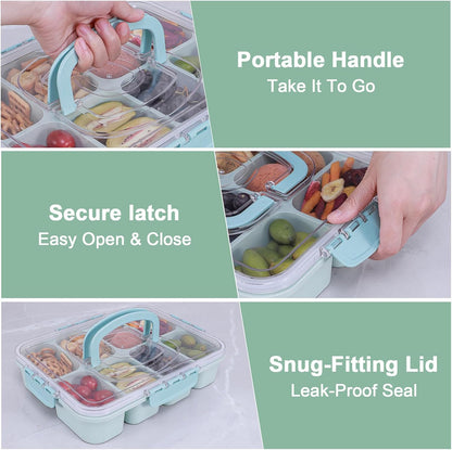 Snackle Box Container, Large 8-Compartment Divided Serving Tray with Lid and Handle, Portable Snack Tray for Travel Party Beach Picnic, Dishwasher Safe, BPA-Free, Wheat Straw