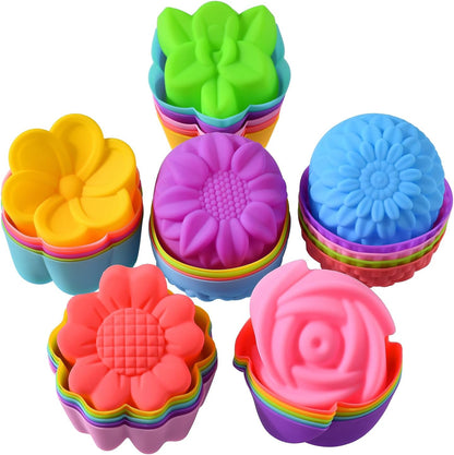 Reusable Silicone Baking Cups,Silicone Cupcake Liners for baking, Multi Flower Shapes Muffin Liners, Multicolor, Pack of 36
