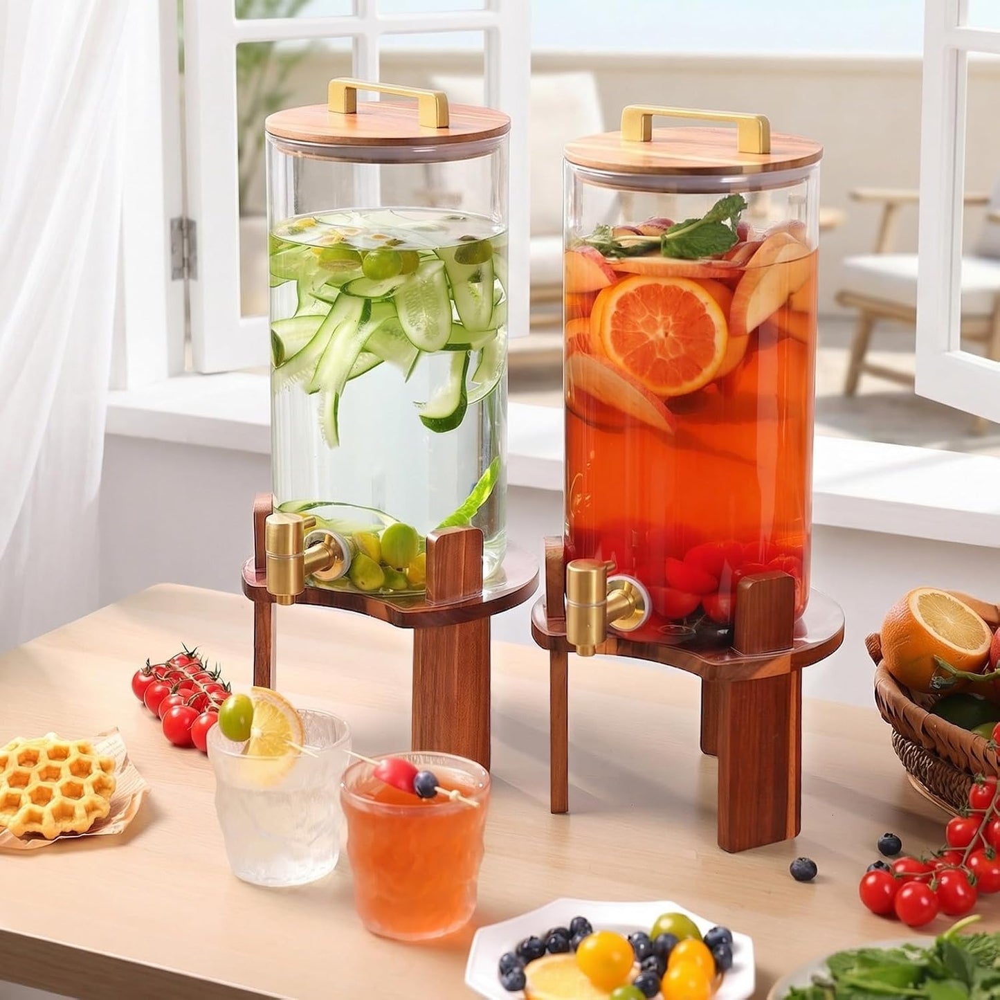 2 PCS 1.5 Gallon Glass Drink Dispenser, Beverage Dispenser With Wood Stand, Lid and Stainless Steel Spigot, Large Water Dispenser for Parties, Perfect for Lemonade, Juice, Tea and Daily Drinks