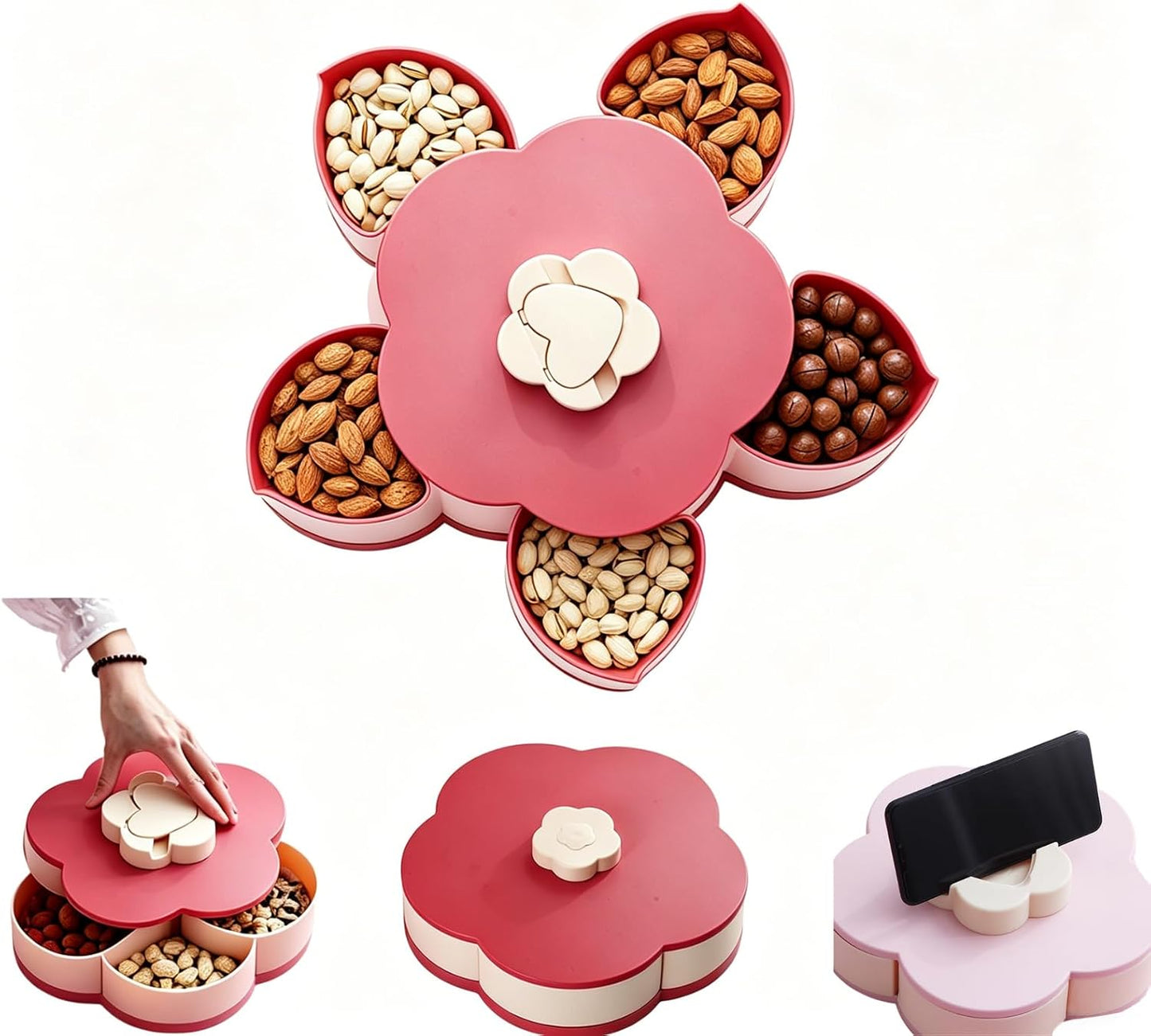 Flower-Shaped Divided Serving Tray that Spins – 5-Compartment Rotating Snackle Box Container with Lid, Decorative Round Veggie & Fruit Platter, Lazy Susan for Kitchen, Party, Gift (BPA-Free) (Red)