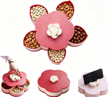 Flower-Shaped Divided Serving Tray that Spins – 5-Compartment Rotating Snackle Box Container with Lid, Decorative Round Veggie & Fruit Platter, Lazy Susan for Kitchen, Party, Gift (BPA-Free) (Red)