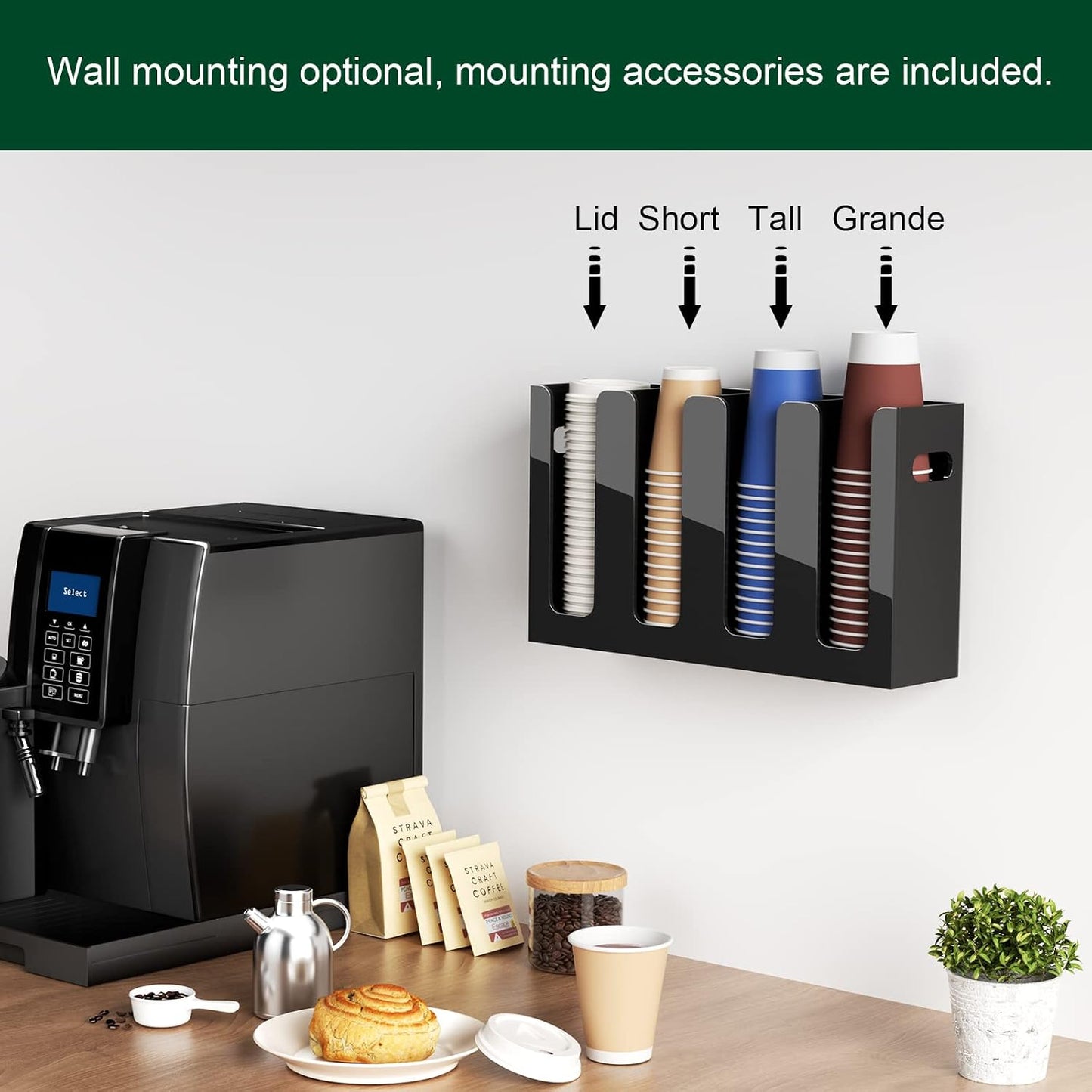 Disposable Coffee Cup Dispenser with Handles, Countertop or Wall Mount Hot/Cold Drink Cup and Lid Holder - Bathroom/Kitchen/Office Acrylic Cup Lid Storage Organizer (1 Compartment, Clear)