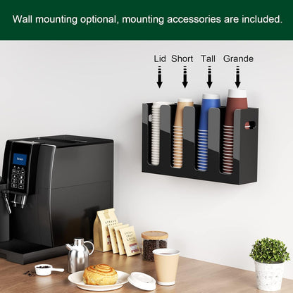 Disposable Coffee Cup Dispenser with Handles, Countertop or Wall Mount Hot/Cold Drink Cup and Lid Holder - Bathroom/Kitchen/Office Acrylic Cup Lid Storage Organizer (1 Compartment, Clear)