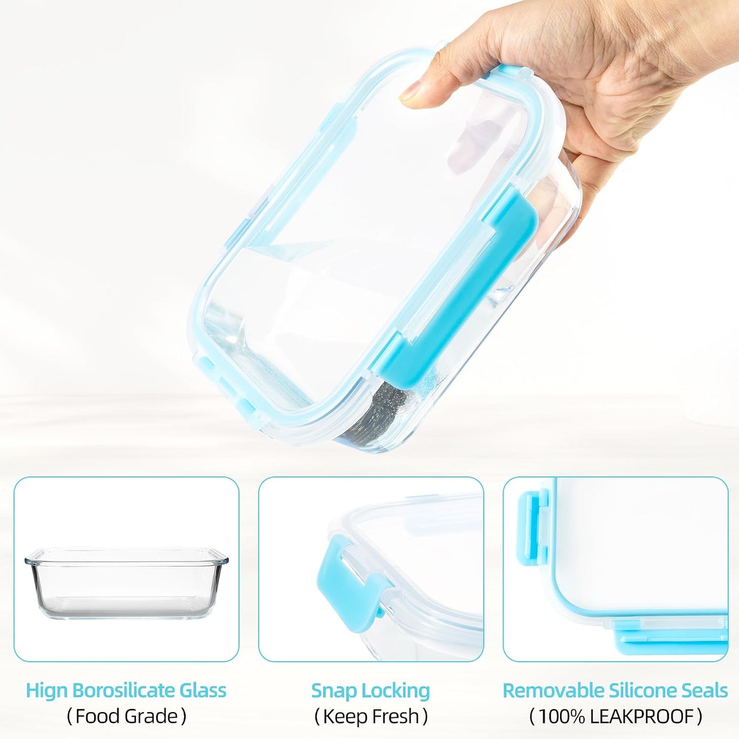 16PCS (8 Bowls + 8 Lids) High Borosilicate Glass Meal Prep Containers, Food Storage Containers with Airtight Lids, Glass Lunch Bento Boxes,Dishwasher Safe, blue