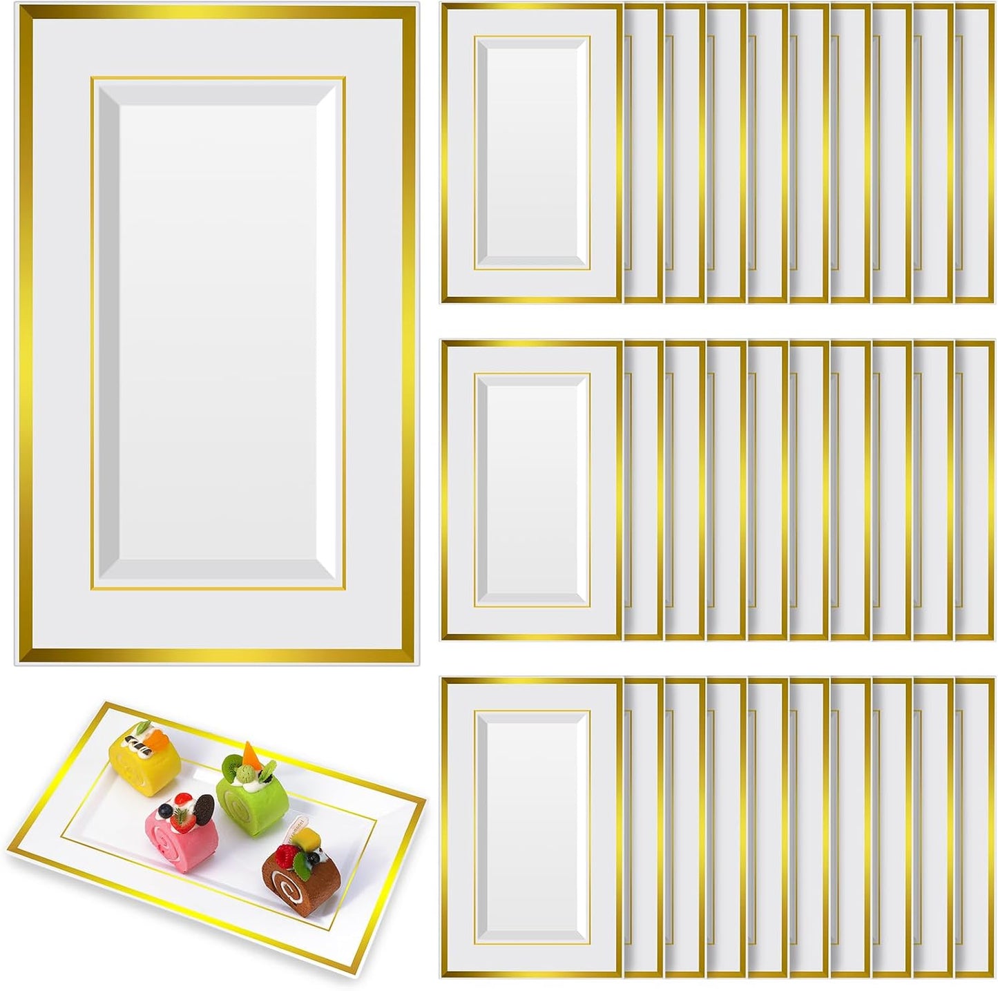 Uiifan 30 Pcs Plastic Serving Tray Bulk White Gold Rim Elegant Rectangle Disposable Plastic Dessert Table Display Set Serving Trays Platter for Weddings Birthday Party Food Fruit Dessert 8 x 13 Inch