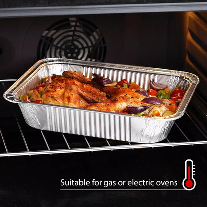 Rectangular Disposable Aluminum Pans with Clear Lids - (25 Pack/Lids), Durable Roasting Pan, Cookware, Baking, Meal Prep, Food Leftovers, Steam Table Tray, BBQ Safe & Spill Free