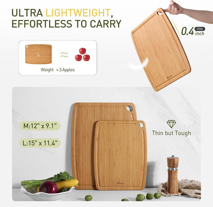 Lightweight Durable Bamboo Cutting Board Set with Non-Slip Feet, Wood Cutting Board for Busy Kitchen, Easy Clean Wooden Chopping Boards with Juice Groove Best House Warming Gift Set of 3 (S+M+L)