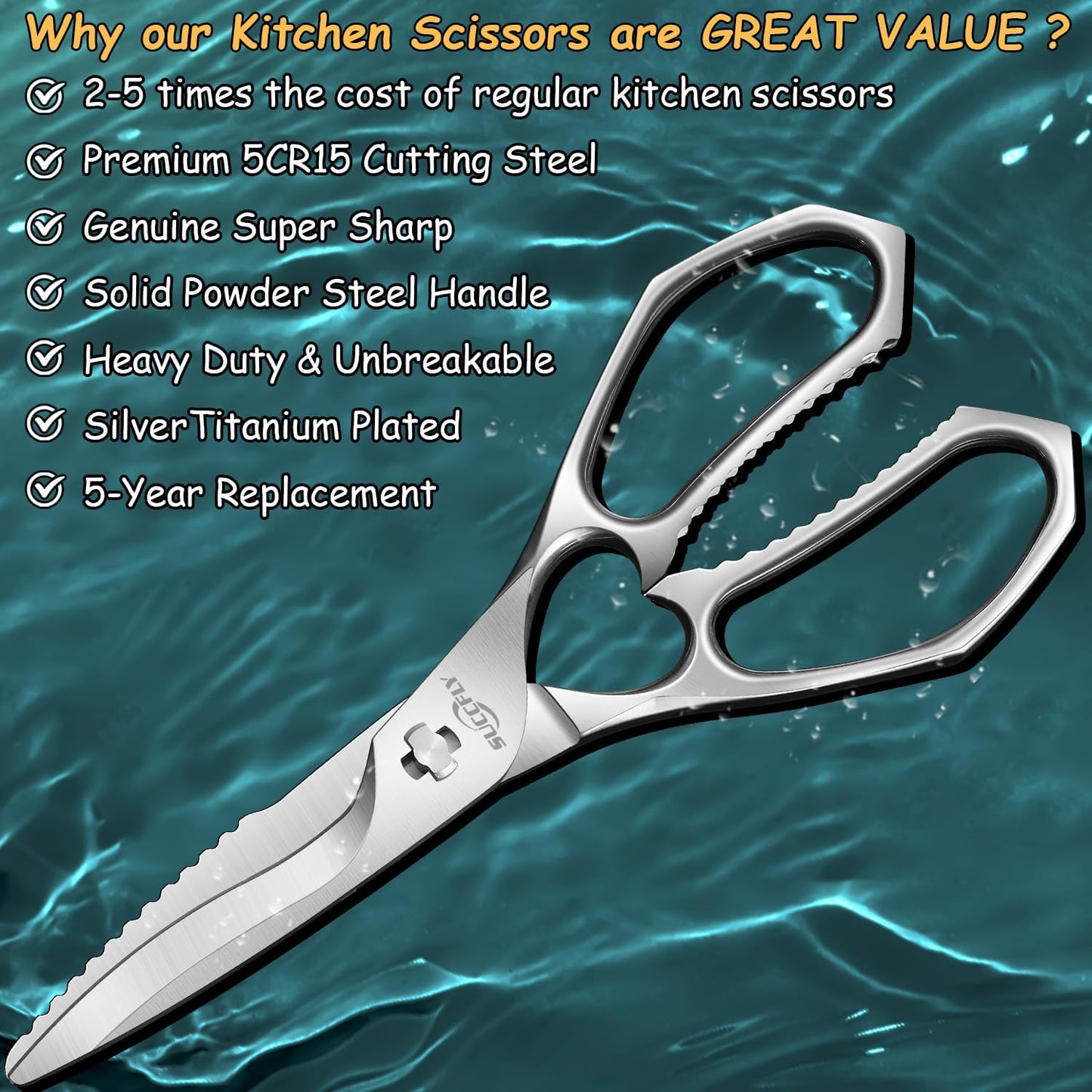 SUCCFLY Kitchen Scissors for Food，Premium Kitchen Shears Heavy Duty，8.8″Ultra Sharp Meat Scissors Detachable Blade，All Steel Poultry Shears Black Titanium Plated，Anti-Slip Cooking Scissor All Purpose