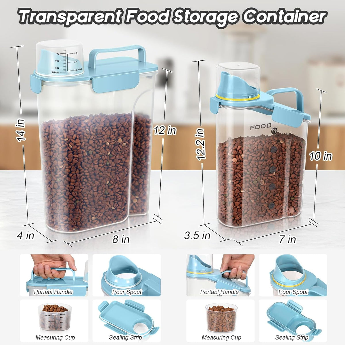 LEAWALK 5-7Lbs Dog Cat Food Storage Container with Upgraded Large Nozzle BPA-free, 4 Snap Seals Plastic Pet Food Storage Containers with Handles are Easy to Clean and Carry