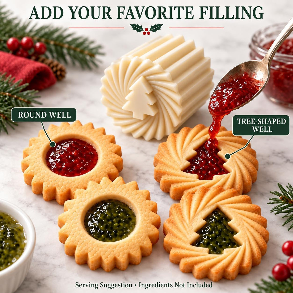Christmas Tree Cookie Press, Double-Sided Pastry Mold Set, 2-Pack (Silver)