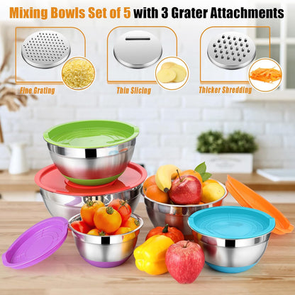 P&P CHEF Mixing Bowl with Lid Set, 5 Piece Stainless Steel Mixing Nesting Bowls for Salad Storage, 3 Grater Attachments & Non-Slip Bottoms, Size 1/1.5/2 / 2.6/4.6 QT, Black