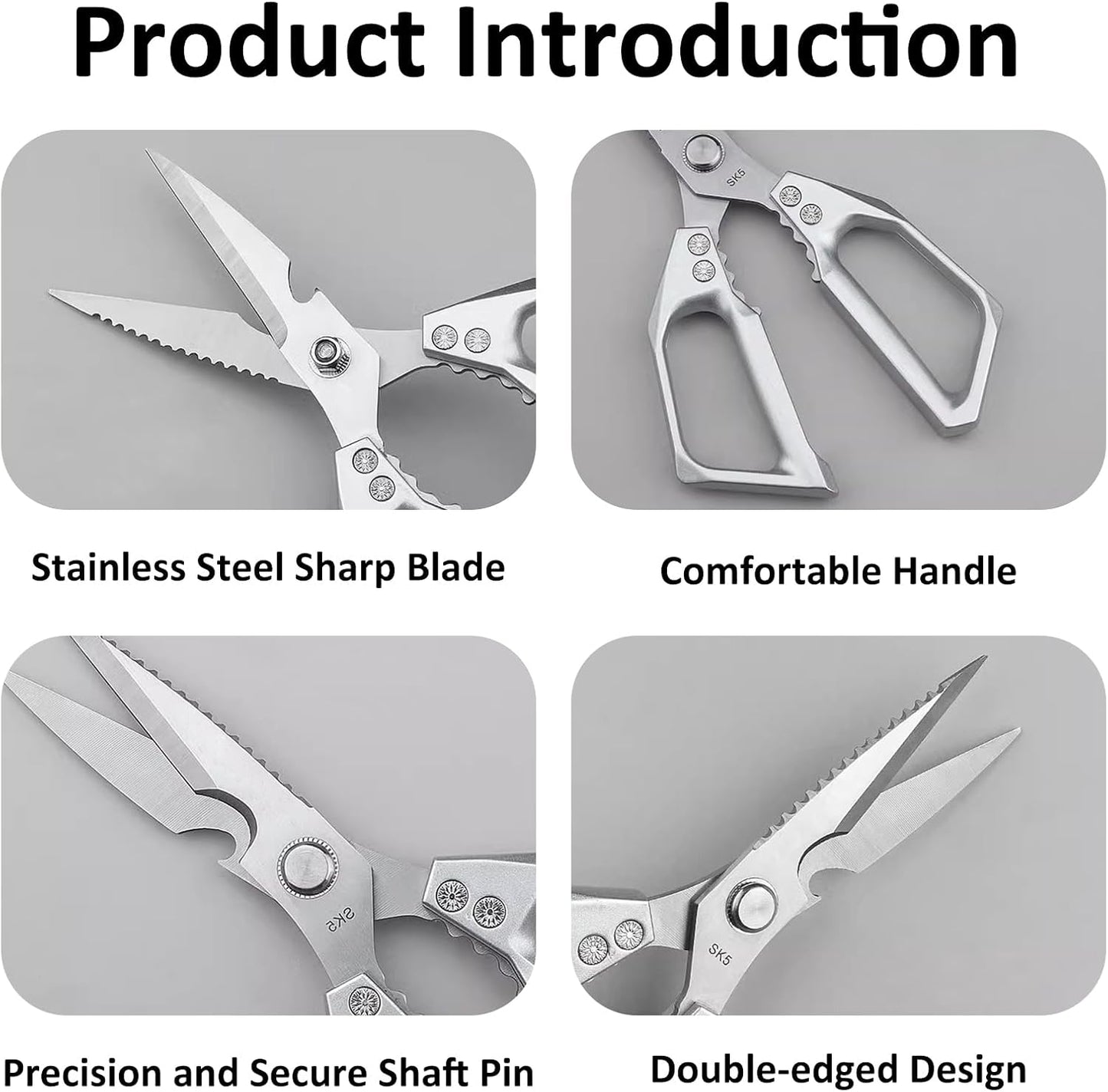 Stainless Steel Kitchen Shears, Multi-Purpose Sharp Cooking Scissors, Dishwasher Safe & Rust-Resistant, Ideal for Cutting Turkey, Bones, Scaling Fish, Opening Beer Bottles and Cracking Walnuts