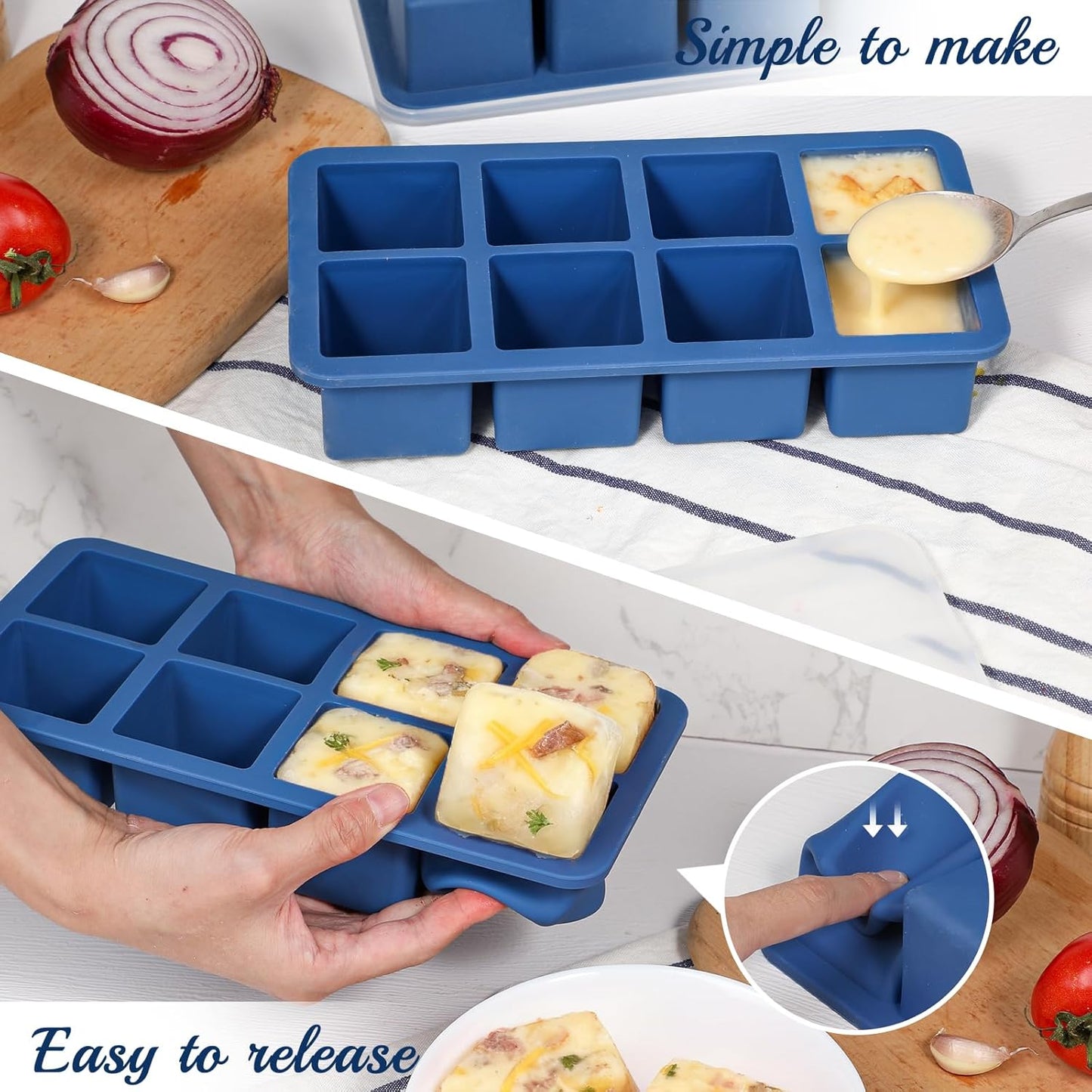 Koluti 2-Pack Nonstick Silicone 3 Soup Freezer Mold, 1-Cup Large Sauce Ice Tray with Plastic Lid, Stackable Freezing Maker Meal Prep Food Storage Container, Dishwasher Safe & BPA Free
