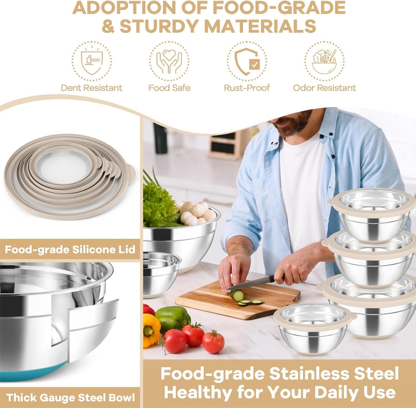 TeamFar Mixing Bowls Set of 6, Stainless Steel Salad Mixing Bowls with Visible Lids, Metal Nesting for Mixing Serving Prepping, Non-Slip & Airtight, 4.6/3.5/2/1.5/1/0.7 QT, Khaki