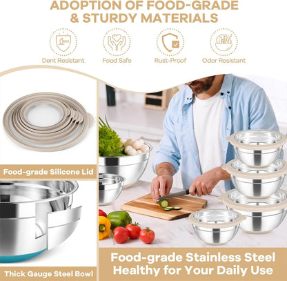TeamFar Mixing Bowls Set of 6, Stainless Steel Salad Mixing Bowls with Visible Lids, Metal Nesting for Mixing Serving Prepping, Non-Slip & Airtight, 4.6/3.5/2/1.5/1/0.7 QT, Khaki