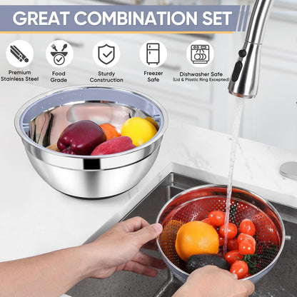 TeamFar 4-1 Colander with Bowl Set, Rotatable Colander for Kitchen, Stainless Steel Food Strainers and Colanders Mixing Bowl with Graters, for Veggies Fruits Washing, Pasta Straining - Khaki