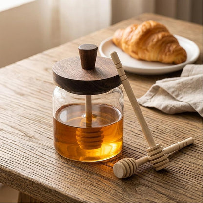 12 Oz Honey Jar with 2 Wooden Dippers and Lid,Honey Pot Dispenser,Clear Glass Honey Container for Home Kitchen,Store Honey and Syrup,Easy to Clean