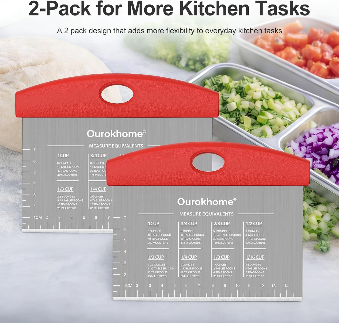 Ourokhome 2 Pack Bench Scraper Dough Cutter, Stainless Steel Dough Scraper with Laser-Etched Scale, Conversion Chart, Non-Slip Handle, Dishwasher Safe for Bread & Pastry, Black