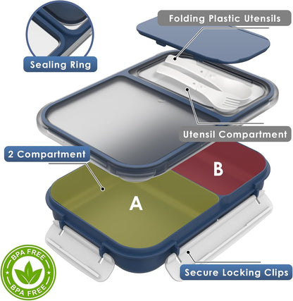 WHALEHOUSE Bento Lunch Box, 1300ML 4 Compartments Meal Prep Container with Utensil, Airtight Food Storage Container with Snap Locking Lids, Microwave/Dishwasher/Freezer Safe, On the Go