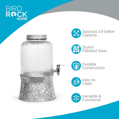BIRDROCK HOME 2.5 Gallon Pebbled Glass Beverage Dispenser w/Galvanized Stand - Spigot - Large Jar for Water, Lemonade, Sangria, Iced Tea, Punch, Cocktail Drinks - Mason Style Jug for Parties