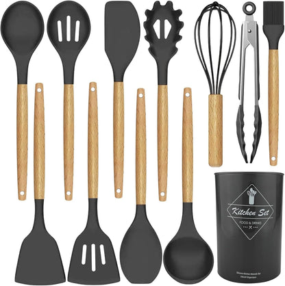 12 pcs Silicone Cooking Utensils Kitchen Utensil Set with Holder Heat Resistant Silicone Spatula Turner Set Wooden Spoons Kitchen Gadgets Tools Cooking Utensils for Nonstick Cookware (White)