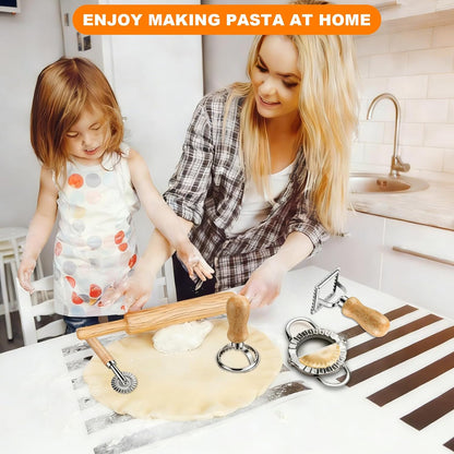 11 Pieces Ravioli Mold Set, Easy-to-Use Ravioli Maker Press with Ravioli Cutter Wheel, Pasta Cutter & Ravioli Making Kit, Wooden Pasta RollerPasta Making Tools for home，pasta lover
