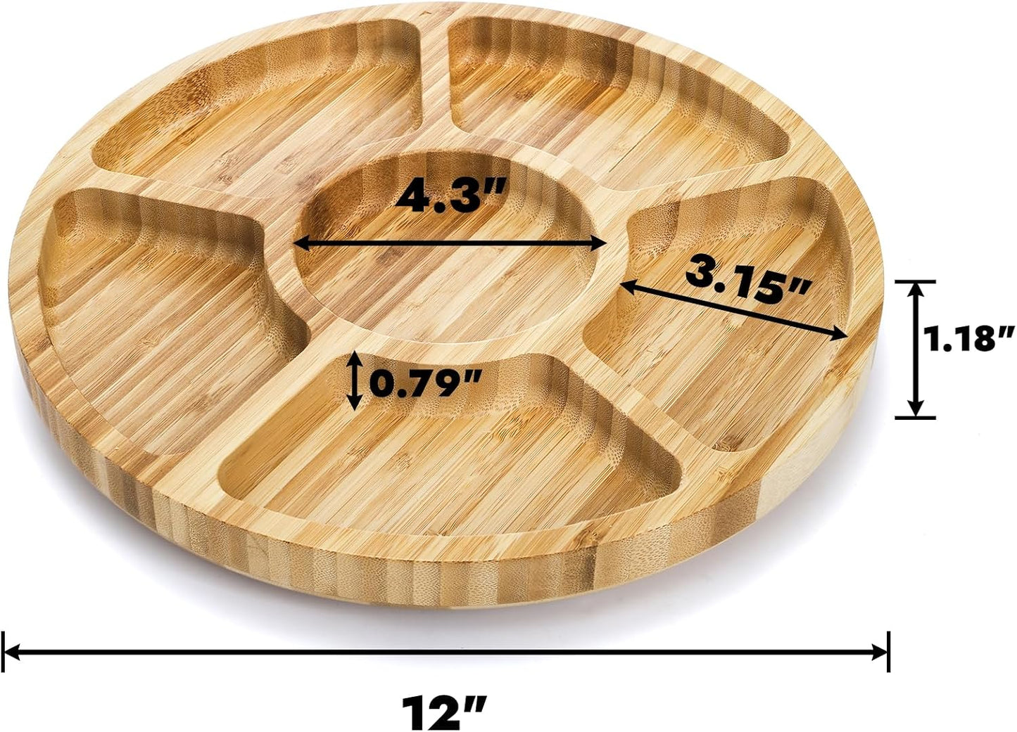 Dicunoy Divided Serving Dish Tray, 13'' Bamboo Rotatable Veggie Fruit Platter, Lazy Susan Relish Sectional Snack Container Bowls with 6 Compartments for Candy, Appetizer, Nuts, Parties