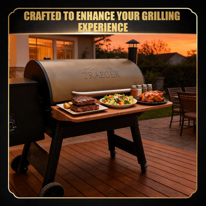 QuliMetal Folding Front Shelf for Traeger Pro 34, Texas Elite 34, Century 885 and Eastwood 34, 37" x 12" Heavy-Duty Grill Prep Table with Cutting Board, Stainless Steel Basin, Lid and 5 Hooks