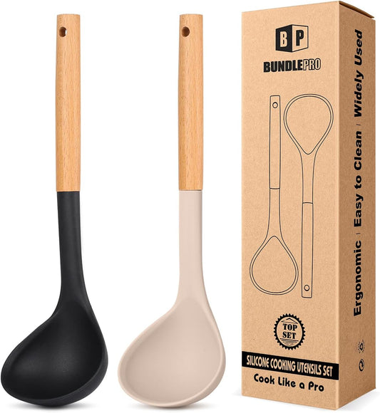BUNDLEPRO Silicone Soup Ladle Spoon Kitchen Utensils, 2 Pack,Black-Khaki