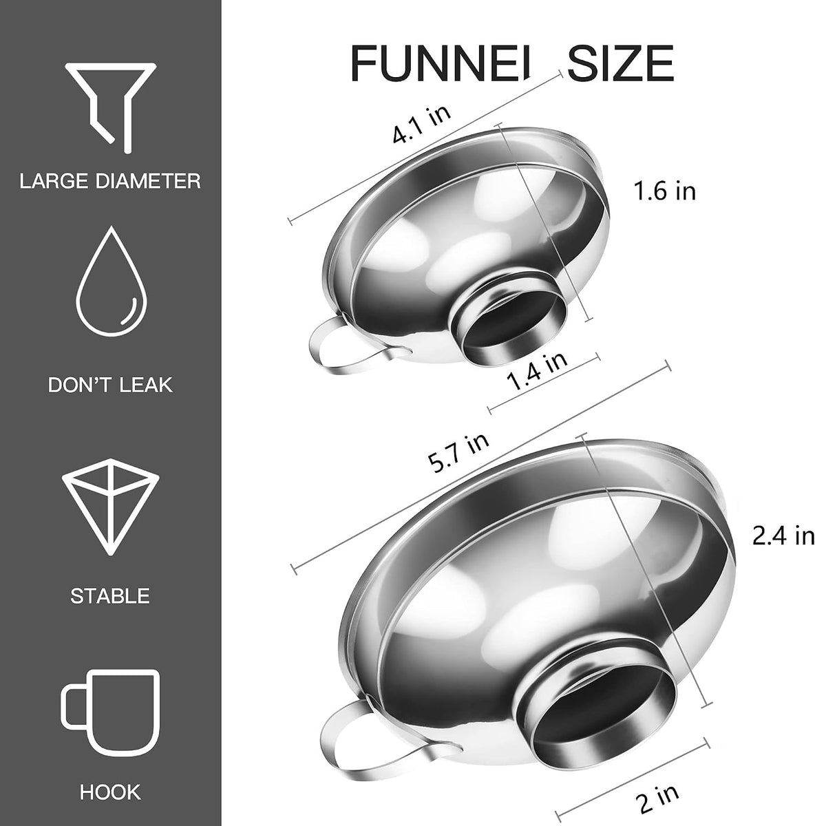 Canning Funnel for Wide and Regular Jars, Wide Mouth Funnel Stainless Steel Funnels for Kitchen Use, Metal Funnels Set for Transferring Liquid Power Jam Grains Dry and Wet Ingredients