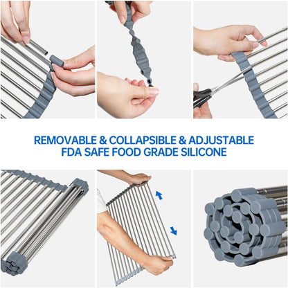 Expandable Roll Up Dish Drying Rack Over The Sink Rack, Foldable Dish Drainer Rack Stainless Steel for Large Sink, Silicone Rollable Collapsible Rack 18 Tube for Kitchen(Sliver,12.8'' to 21.25”)