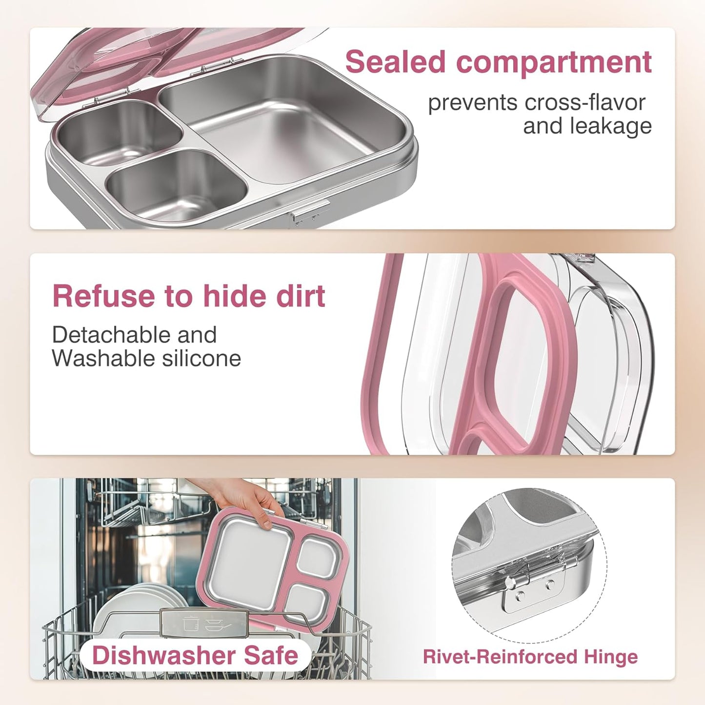 HOMEKOL Stainless Steel Bento Lunch Box, 3-Compartment Leak-Proof Lunch Container for Kids & Adults, BPA/BPS-Free 304 Metal Food Box, Dishwasher Safe, Clear Tritan Lid, Green (Not Insulated)