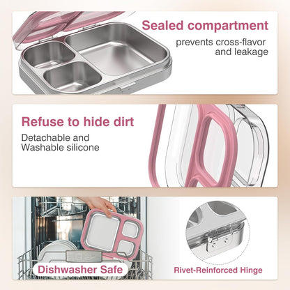 HOMEKOL Stainless Steel Bento Lunch Box, 3-Compartment Leak-Proof Lunch Container for Kids & Adults, BPA/BPS-Free 304 Metal Food Box, Dishwasher Safe, Clear Tritan Lid, Green (Not Insulated)