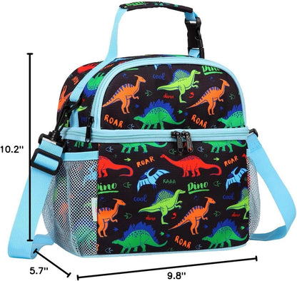 VASCHY Lunch Box Bag for Kids, Insulated Double Compartments Cooler Lunch Tote for Toddlers Boys Girls School/Daycare/Picnic Black Dinos