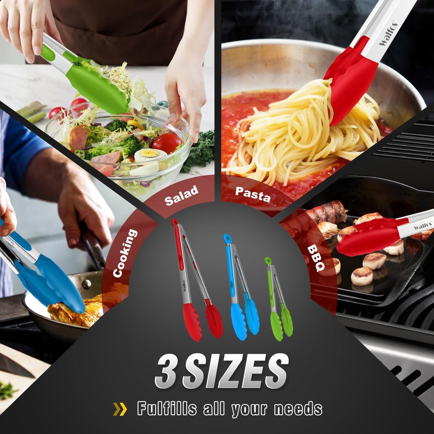 Walfos Kitchen Tongs for Cooking, 600℉ Heat Resistant Stainless Steel Tongs, All Metal Heavy Duty Tongs For Food ,BBQ Grilling - 7 ，9 and 12 Inch ,Set of 3