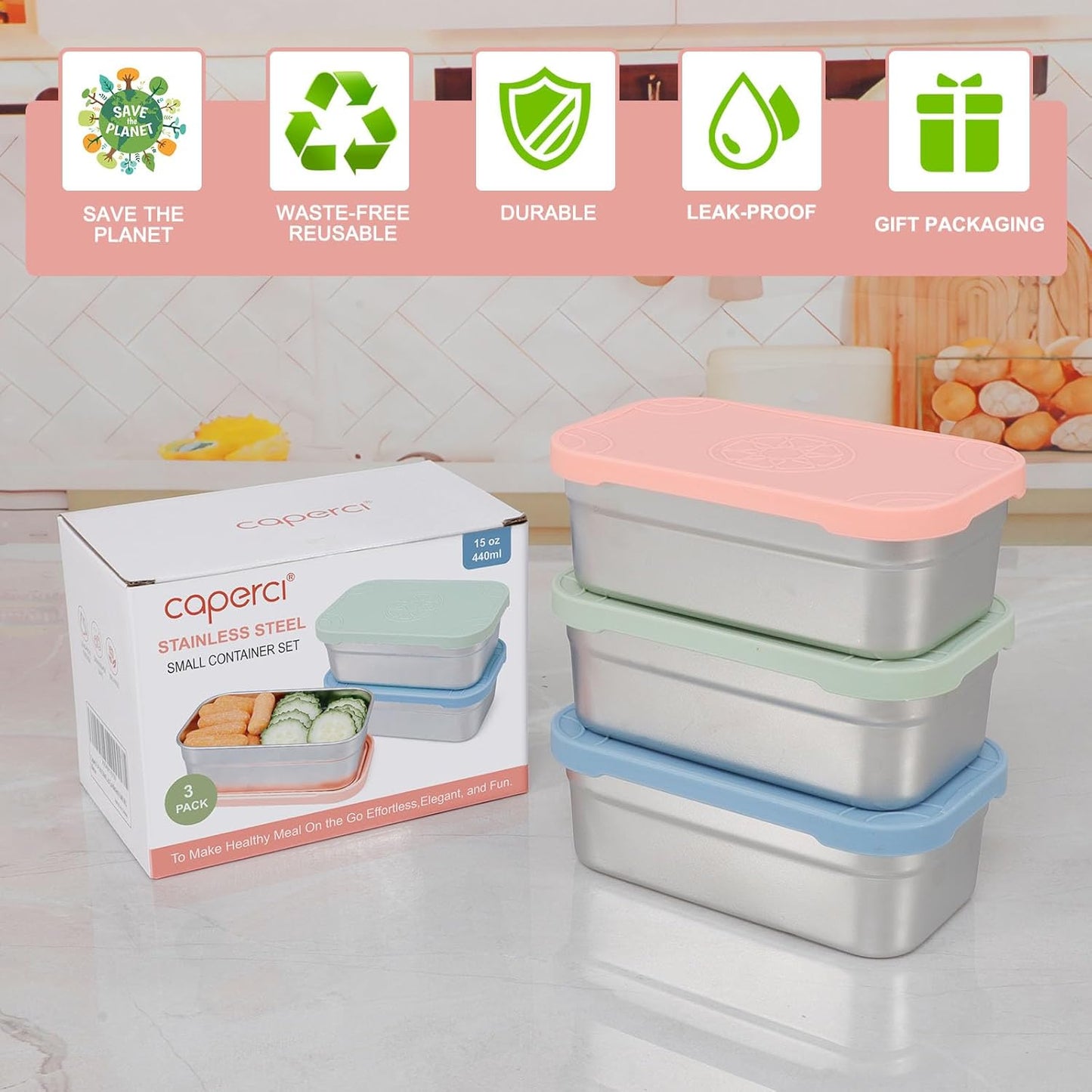 Caperci 25oz Stainless Steel Food Containers, 3-Pack Bento Lunch Box with Silicone Lids, Leak-Proof Reusable Meal Prep Container for Sandwiches & Snacks, BPA-Free (720ML)