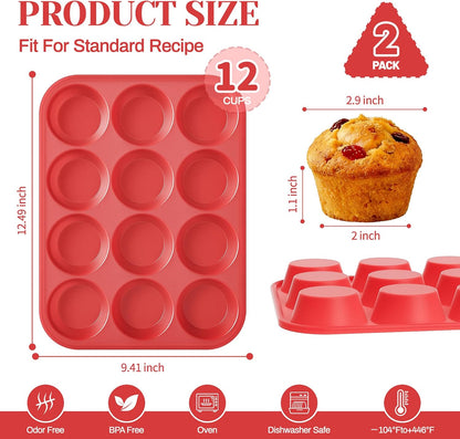 2Pack Silicone Muffin Pans with Metal Reinforced Frame,12 Cup Regular Size Silicone Cupcake Pan,Muffin Tin,Nonstick Cupcake Baking Molds for Muffins,Cupcakes,Egg Bites,BPA Free (2Pack Red)
