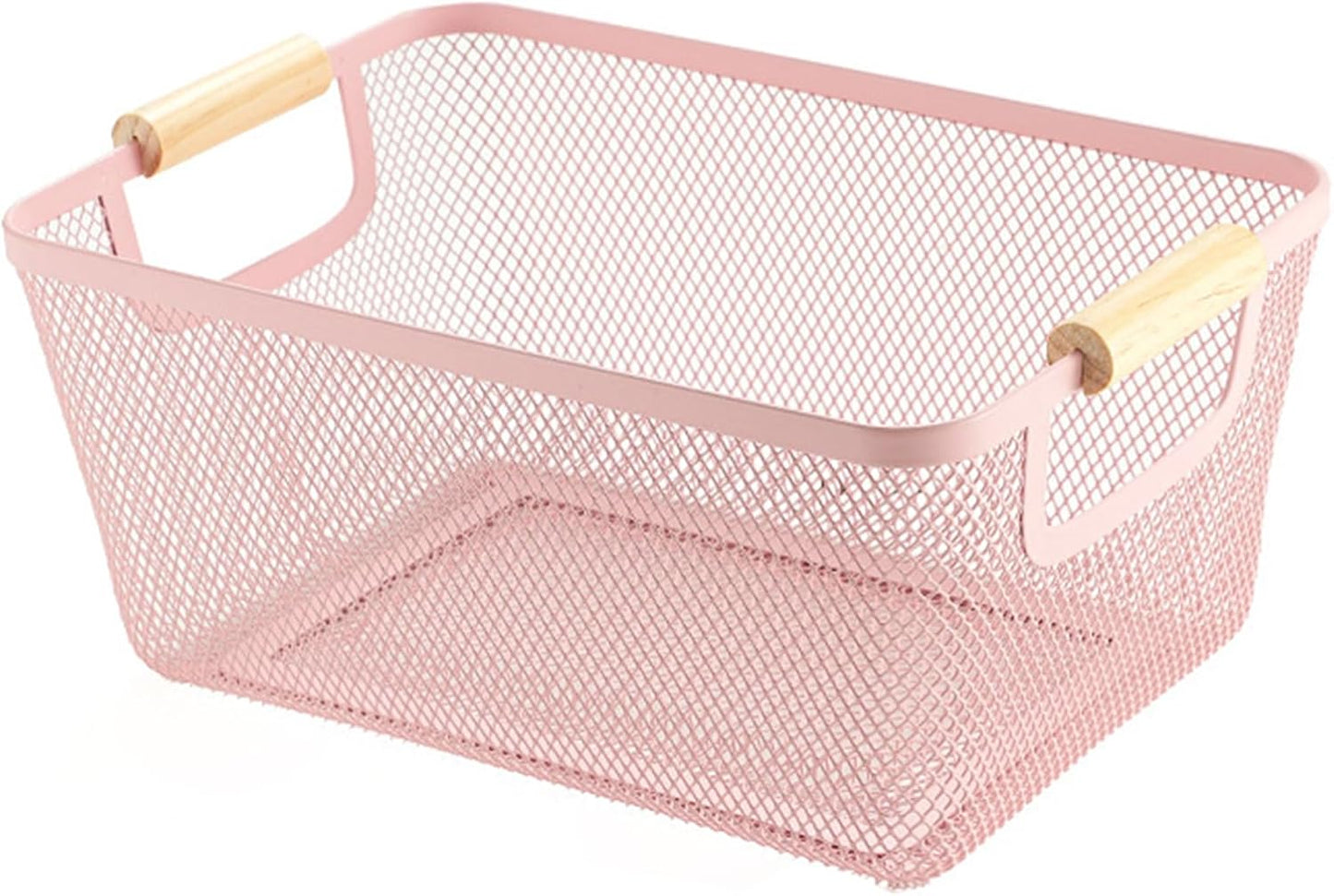 AJIODA Metal Mesh Steel Basket, Large Wire Storage Organizer Basket Multi-function Hanging Kitchen Baskets with Wood Handle for Kitchen Bathroom Picnic Home, Rectangle-Off White