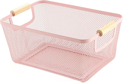 AJIODA Metal Mesh Steel Basket, Large Wire Storage Organizer Basket Multi-function Hanging Kitchen Baskets with Wood Handle for Kitchen Bathroom Picnic Home, Rectangle-Off White