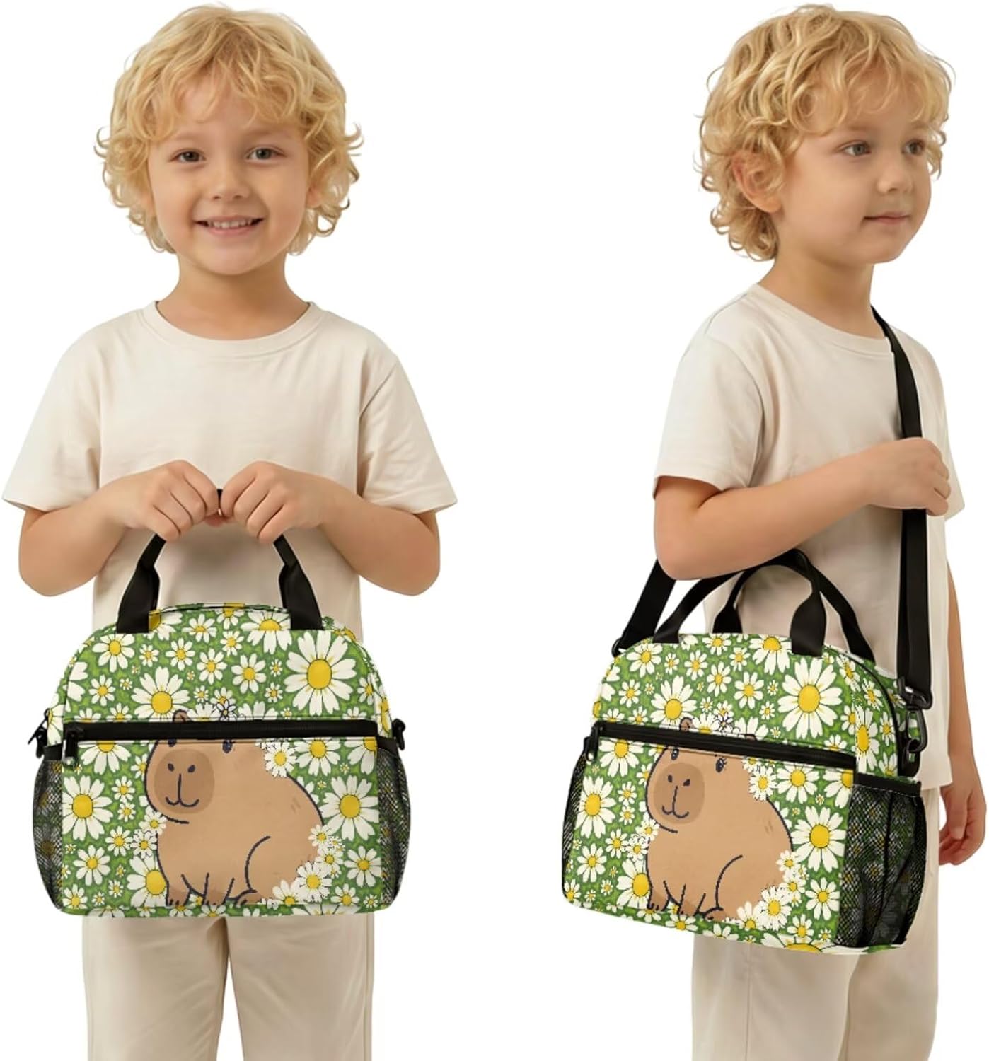Cute Capybara Pizza Backpack for Girls, 5 Pcs Boys School Bag Set for Kids, 17 Inch Backpacks Lunch Pencil Box Reusable Utensils Case Set for Middle Elementary School, 3rd Grade Backpack