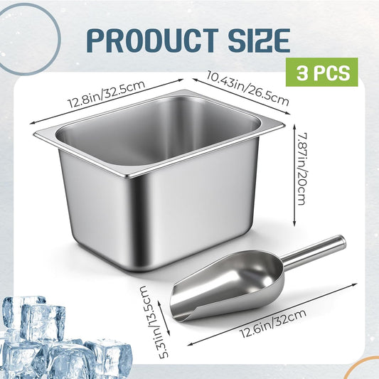 meekoo 3 Pcs 14L Portable Ice Bin and Metal Scoop Set, Insulated Party Ice Bucket Stainless Steel Beverage Tub Storage Container Food Scoops for Freezer Cocktail Bar Party Barbeque Camping