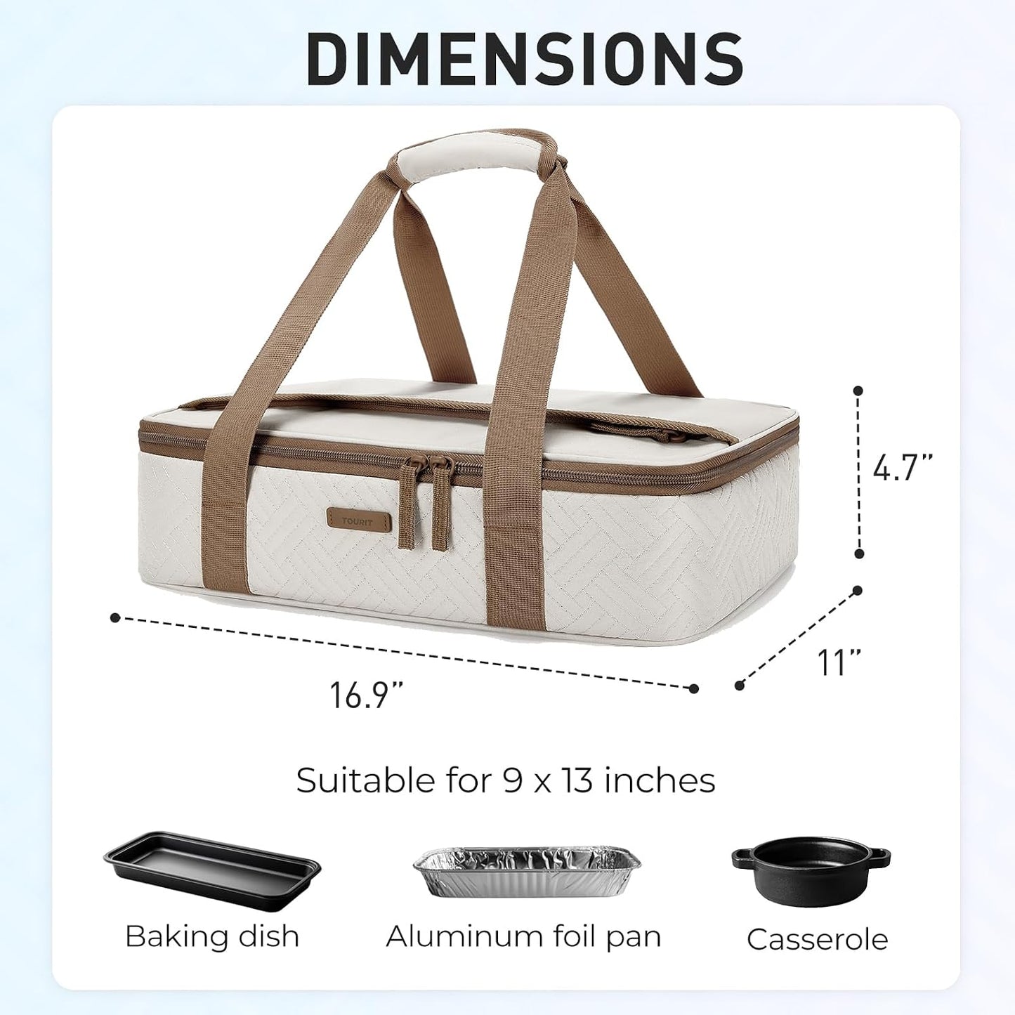TOURIT Double Decker Insulated Casserole Carrier for Hot or Cold Food Expandable Thermal Food Carrier for Picnic Cookouts Potluck Parties Fits 9" x 13" Baking Dish