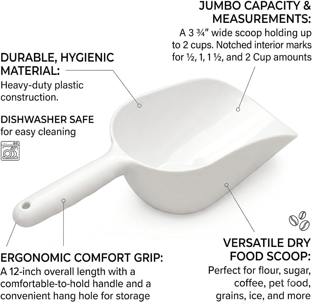 Handy Housewares Jumbo Plastic Scoop - 12" Large Food Scoop for Flour, Sugar, Cereal, Pet Food, Gardening