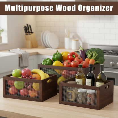 3 Pcs Wooden Countertop Baskets for Kitchen Bathroom, Easy Self-assembly Rustic Nesting Boxes with Handle and Wire Mesh, Multipurpose Wooden Crates for Fruit, Include Screws (3 Size,Dark Brown)