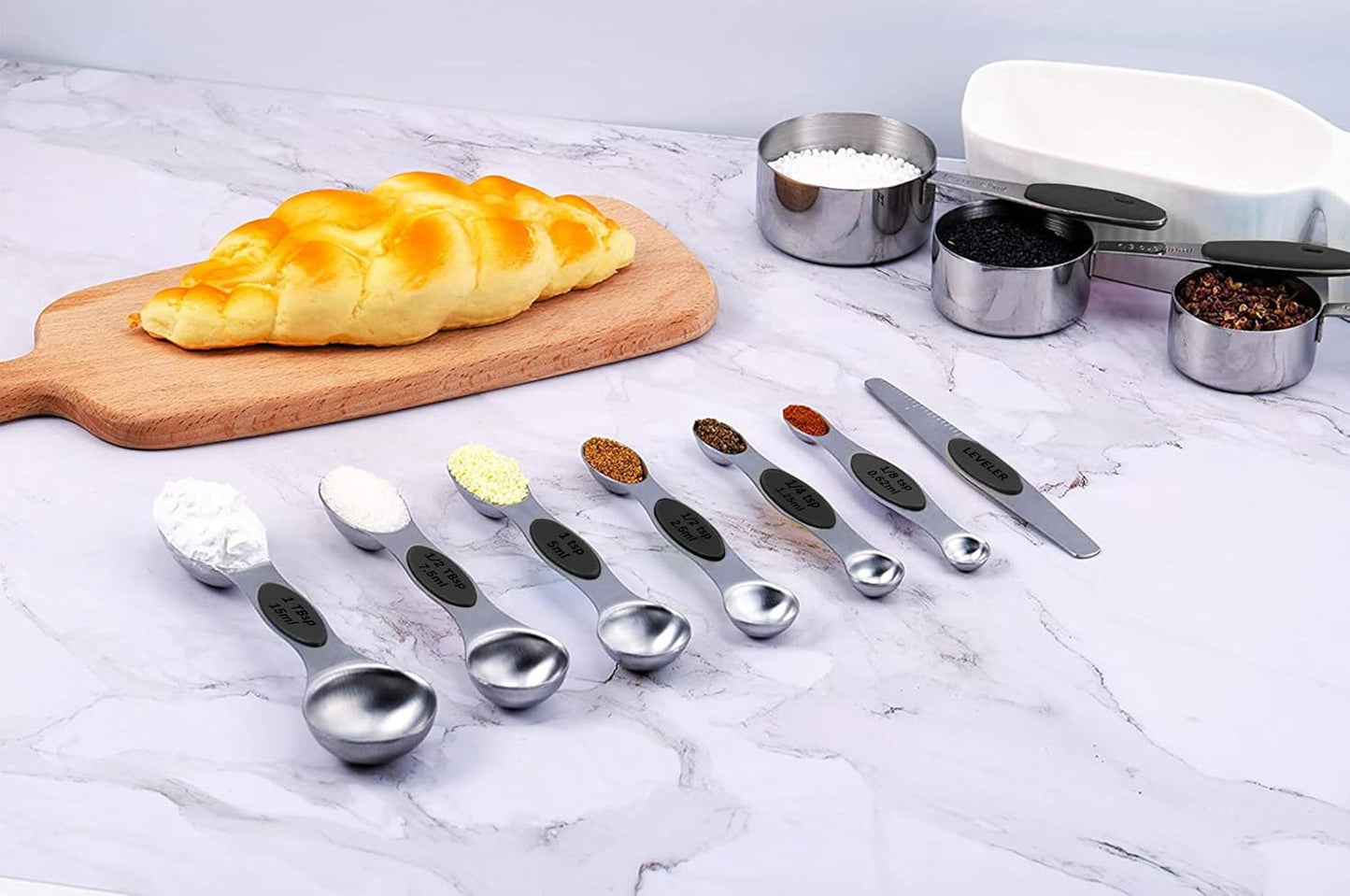 TILUCK Stainless Steel Measuring Cups and Spoons Set with Silicone Handle – Nesting Design for Space-Saving, Heavy Duty & Dishwasher Safe for Dry/Liquid Ingredients, Cooking & Baking (10)