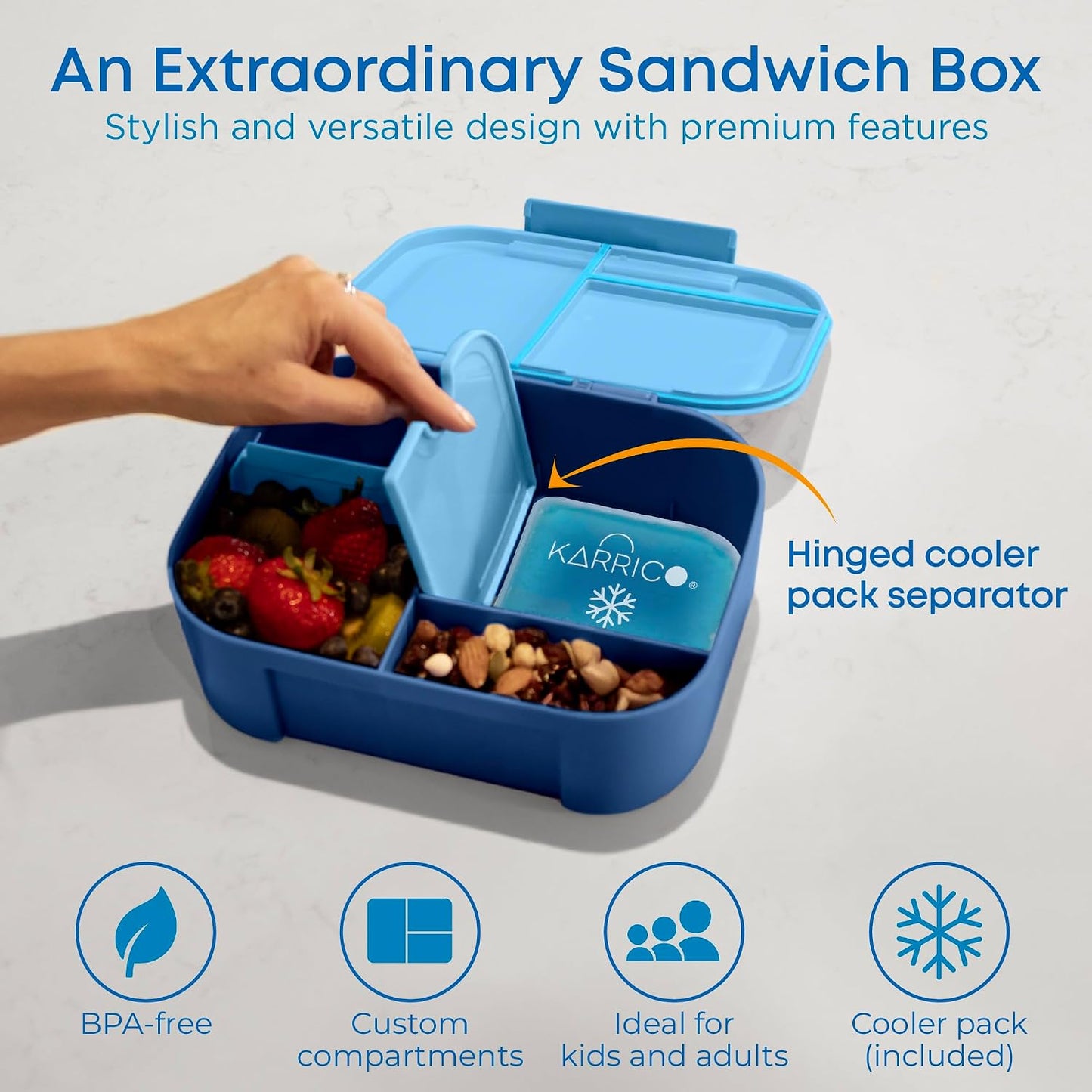 KARRICO Leakproof Lunch Box – 3-Compartment Bento Box, Cooler Pack & Adjustable Divider, Extra Large & BPA-Free – Dishwasher Safe, Ideal for On-the-Go Meals, Green