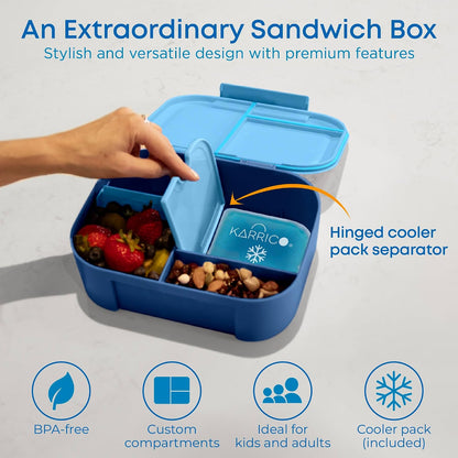 KARRICO Leakproof Lunch Box – 3-Compartment Bento Box, Cooler Pack & Adjustable Divider, Extra Large & BPA-Free – Dishwasher Safe, Ideal for On-the-Go Meals, Green