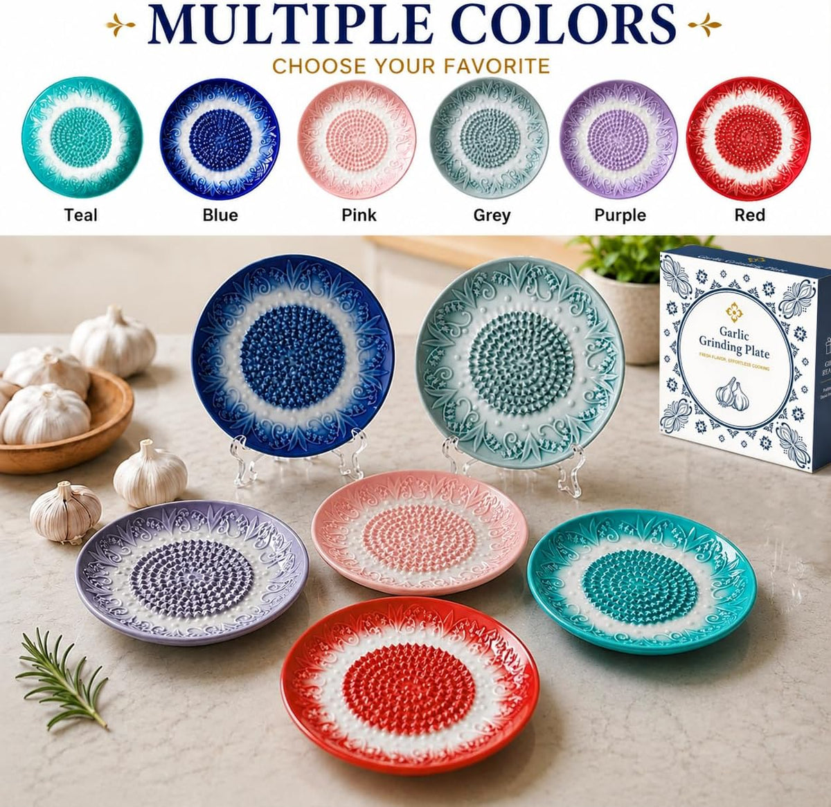 Ceramic Garlic Grater Plate Set with Rack, Peeler & Improved Brush (Blue)